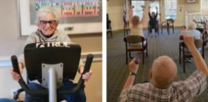 Woman on spin cycle and man lifting weights on the air